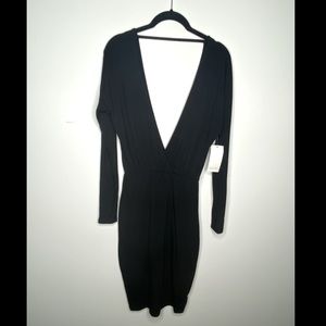 Plunging V-Neck Long Sleeve Black Bodycon Dress